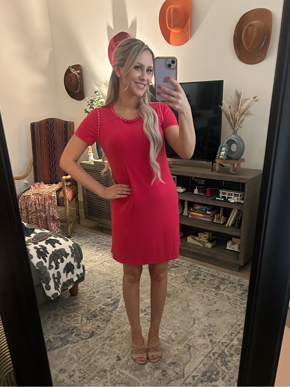 Calvin Klein Bright Pink Short Sleeve Midi Dress with Stud Trim